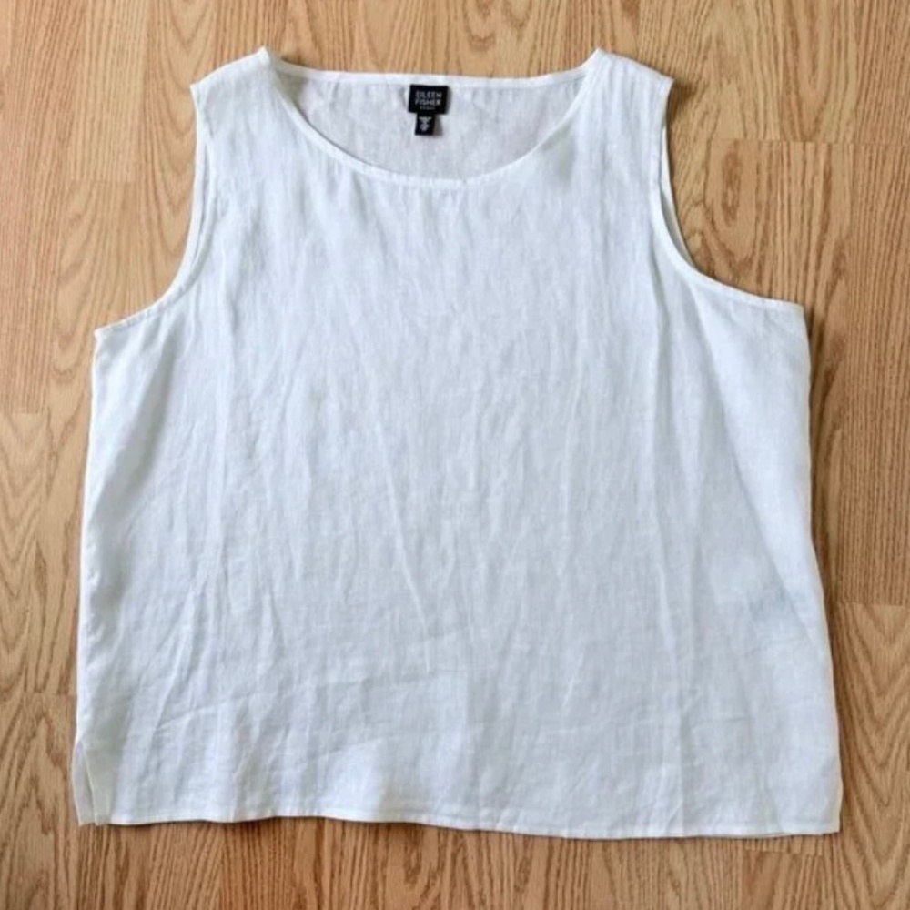 Eileen Fisher White Linen Sleeveless Top Size 1X Irish Linen Scoop Neck Luxe